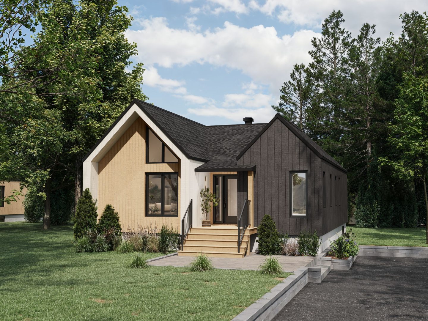 Le modèle Rauma est un plain-pied de style Scandinave. Vue de l'extérieur avant.