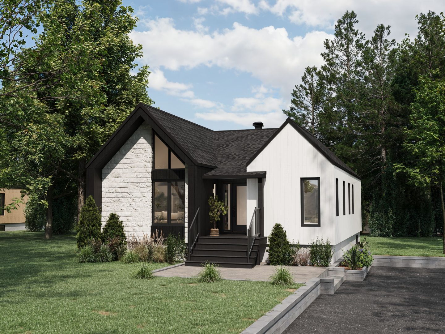Le modèle Rauma est un plain-pied de style Scandinave. Vue de l'extérieur avant.
