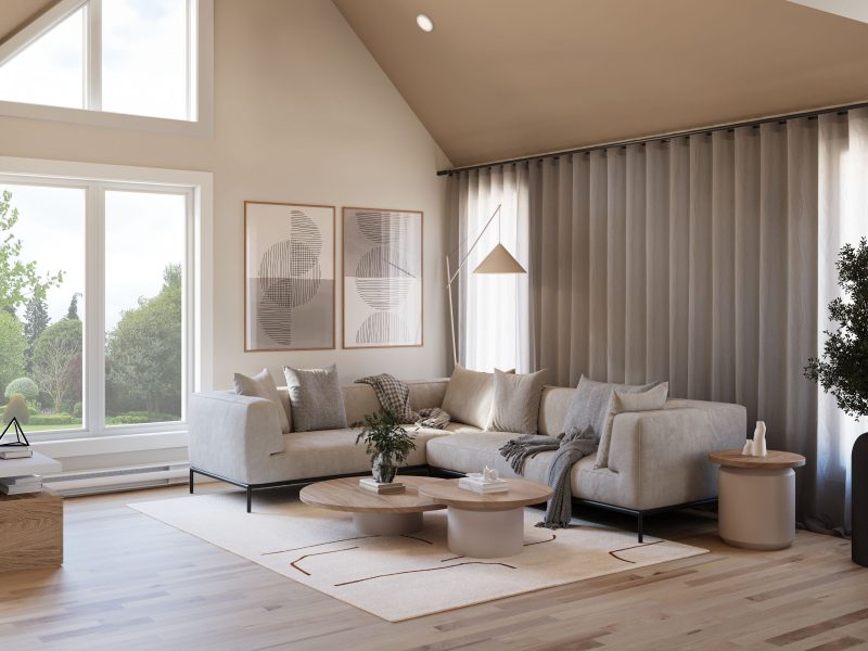 Le modèle Rauma est un plain-pied de style Scandinave. Vue du salon.