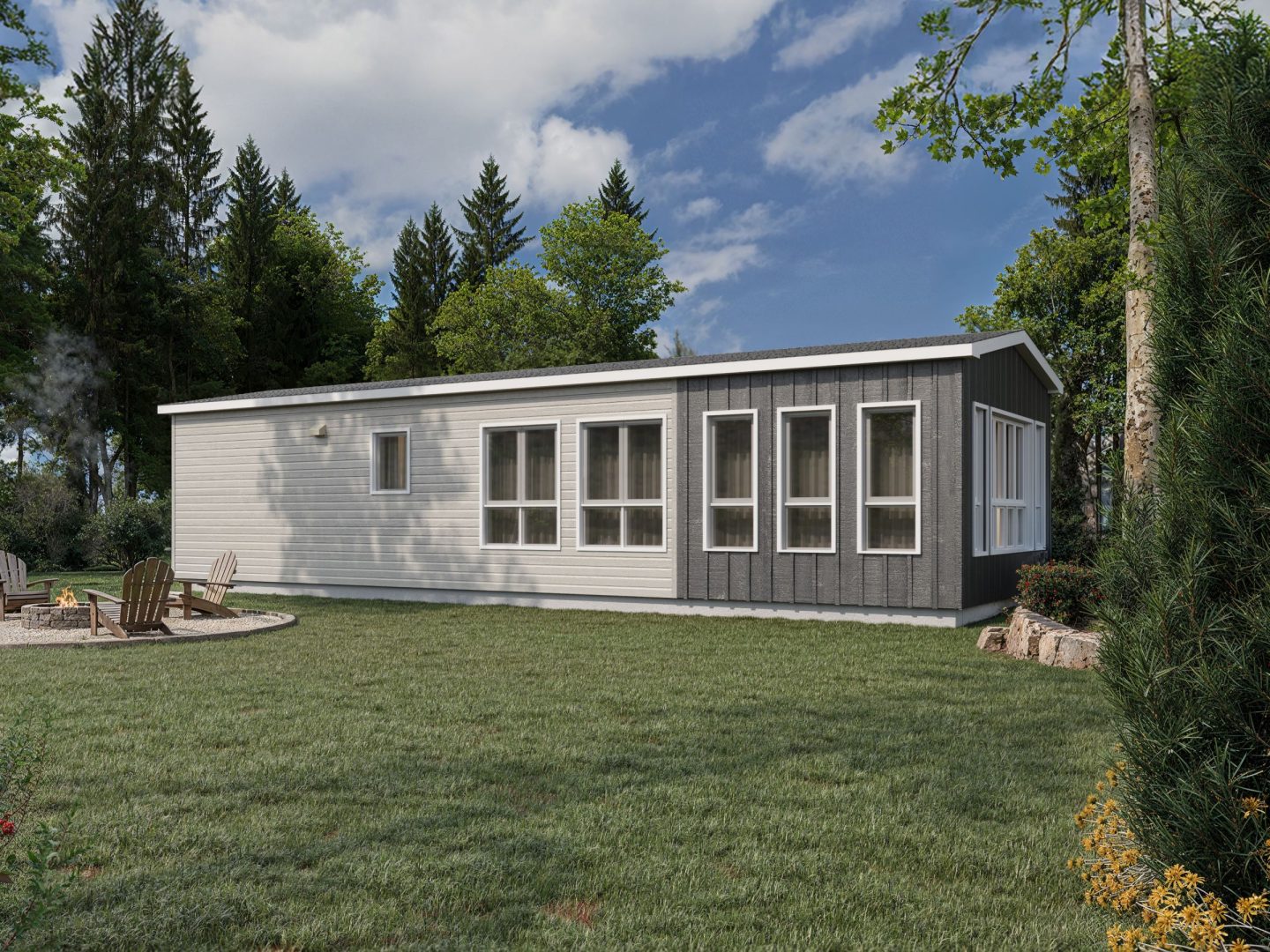 Le modèle Arriba est un plain-pied micro habitation de style contemporain. Vue de l'extérieur arrière.