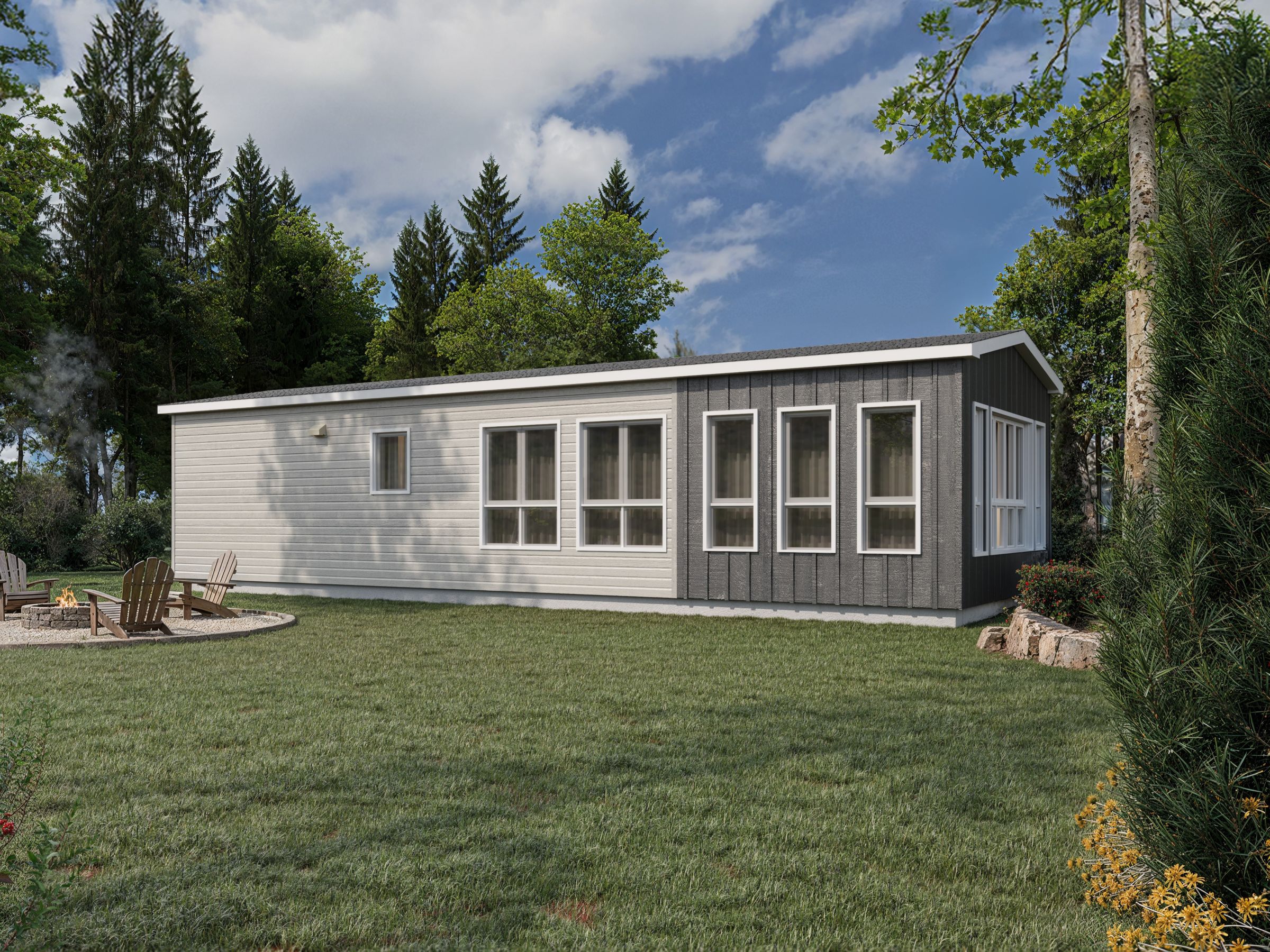Le modèle Arriba est un plain-pied micro habitation de style contemporain. Vue de l'extérieur arrière.