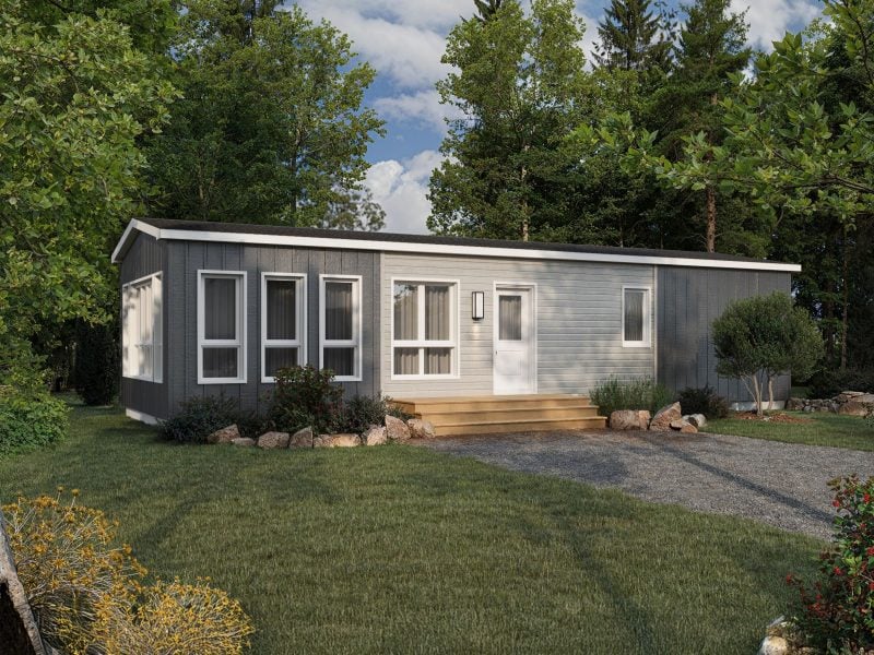 Le modèle Arriba est un plain-pied micro habitation de style contemporain. Vue de l'extérieur avant.