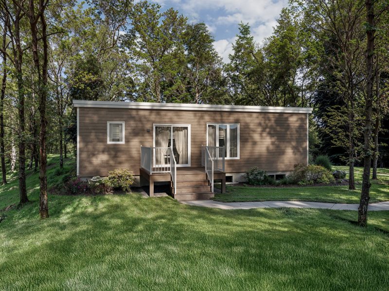 Le modèle Filao est un plain-pied micro habitation de style contemporain. Vue de l'extérieur arrière.