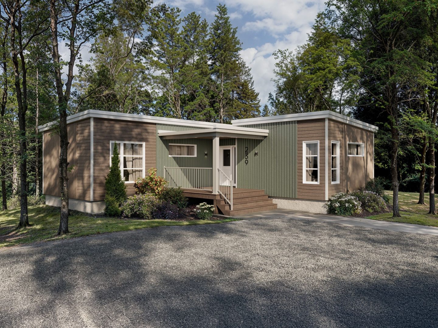 Le modèle Filao est un plain-pied micro habitation de style contemporain. Vue de l'extérieur avant.