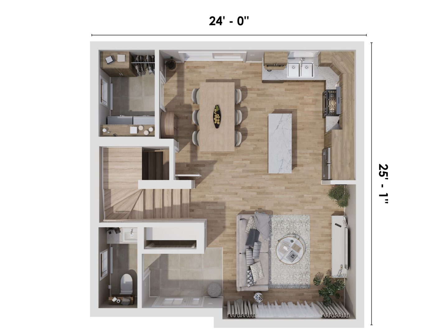Le modèle Gatinoise est un deux étages de style Contemporain classique. Vue du plan 3D du rez-de-chaussée.