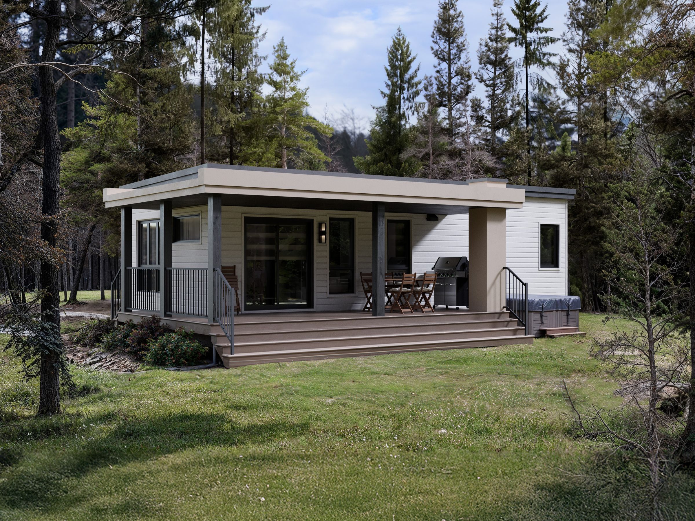 Le modèle Hassel est un plain-pied micro habitation de style contemporain. Vue de l'extérieur arrière.