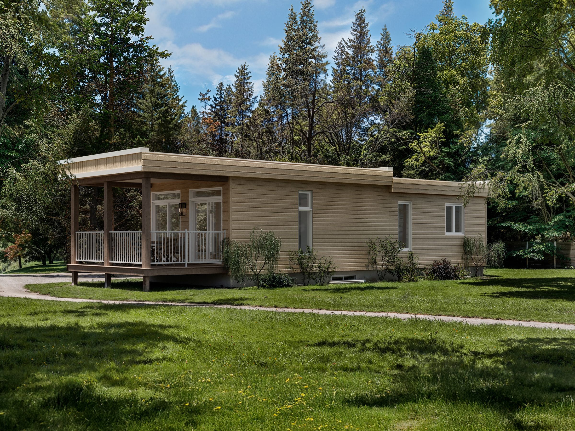 Le modèle Nashi est un plain-pied micro habitation de style contemporain. Vue de l'extérieur arrière.