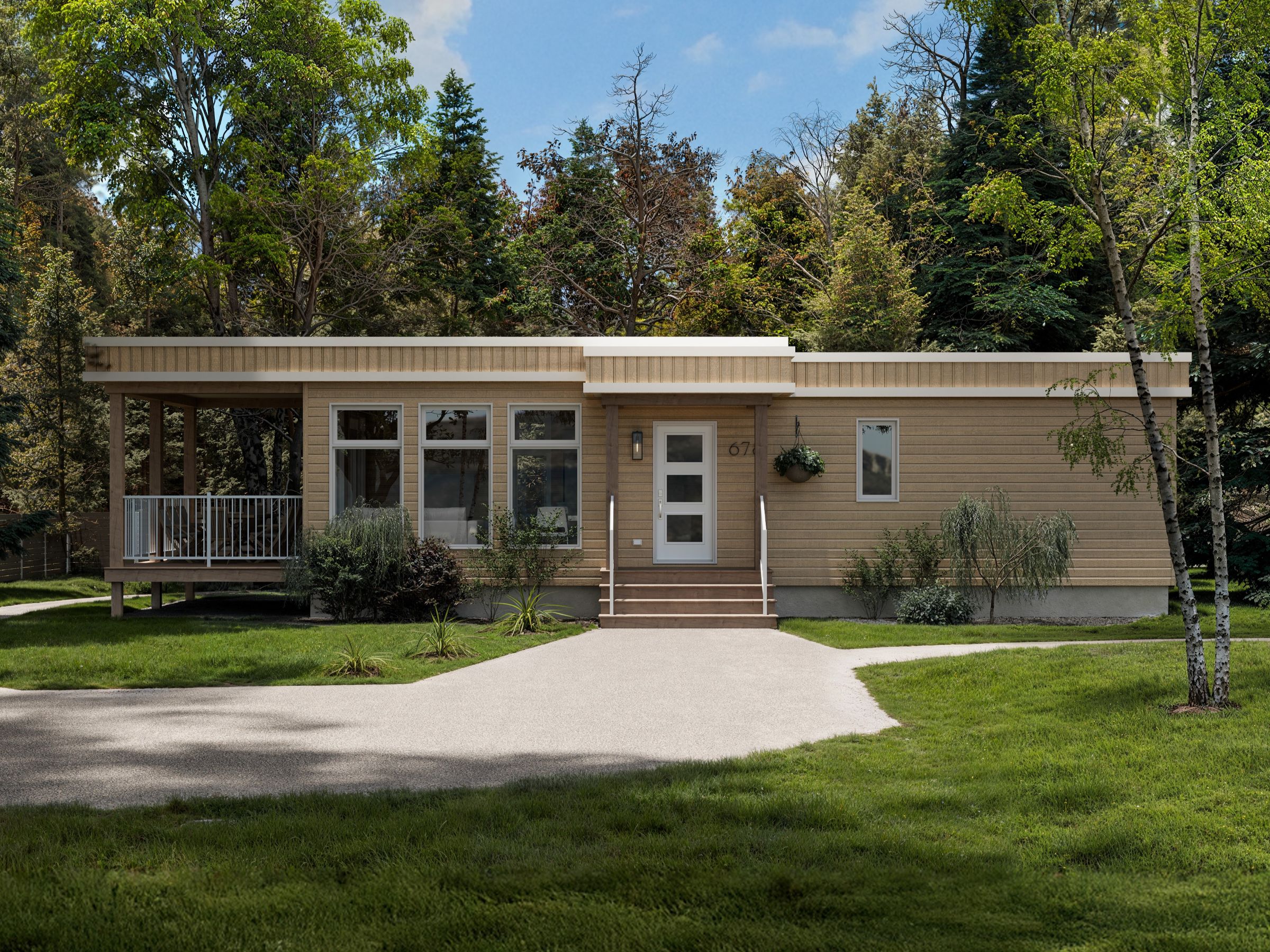 Le modèle Nashi est un plain-pied micro habitation de style contemporain. Vue de l'extérieur avant.