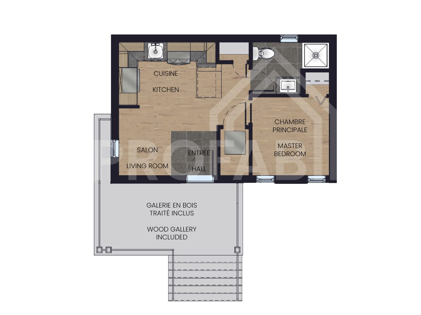 Le modèle Acero est un plain-pied micro habitation de style contemporain. Vue du plan 2D.