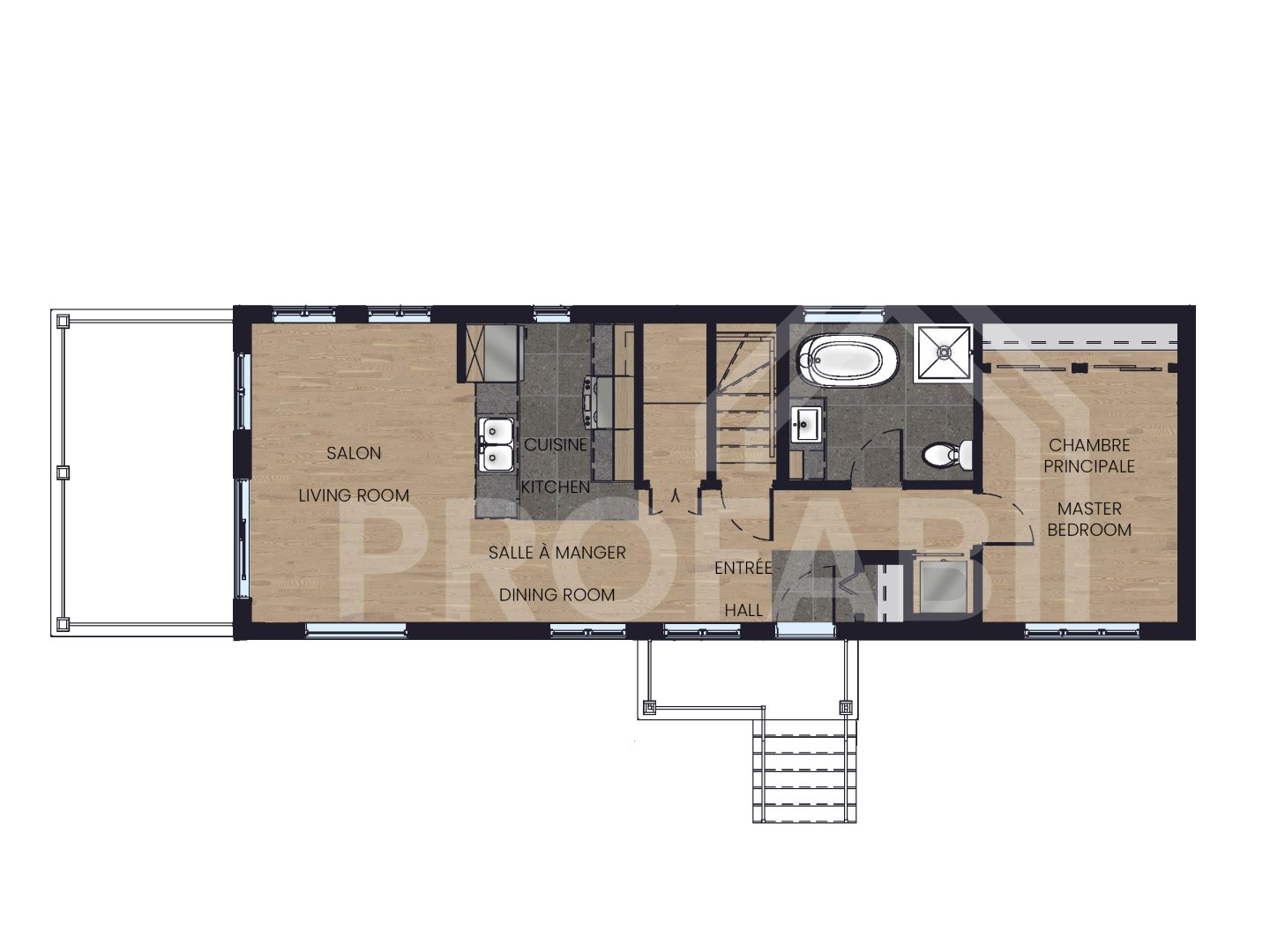 Le modèle Albizia est un plain-pied micro habitation de style contemporain. Vue du plan 2D.