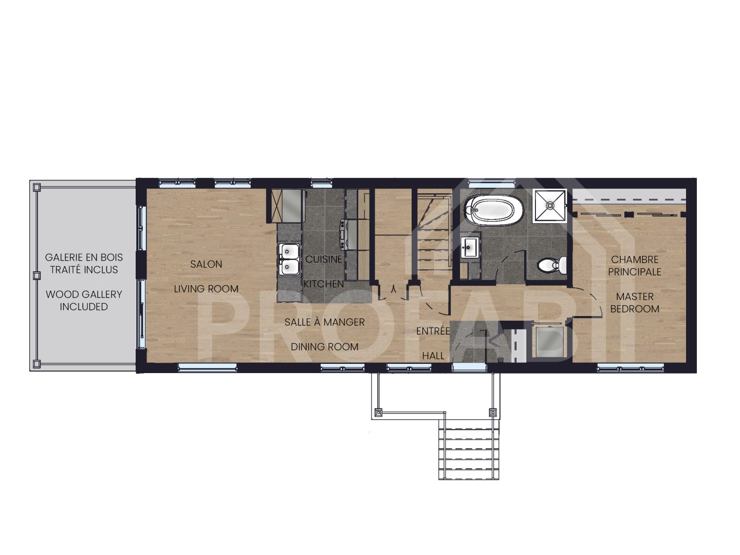 Le modèle Albizia est un plain-pied micro habitation de style contemporain. Vue du plan 2D.