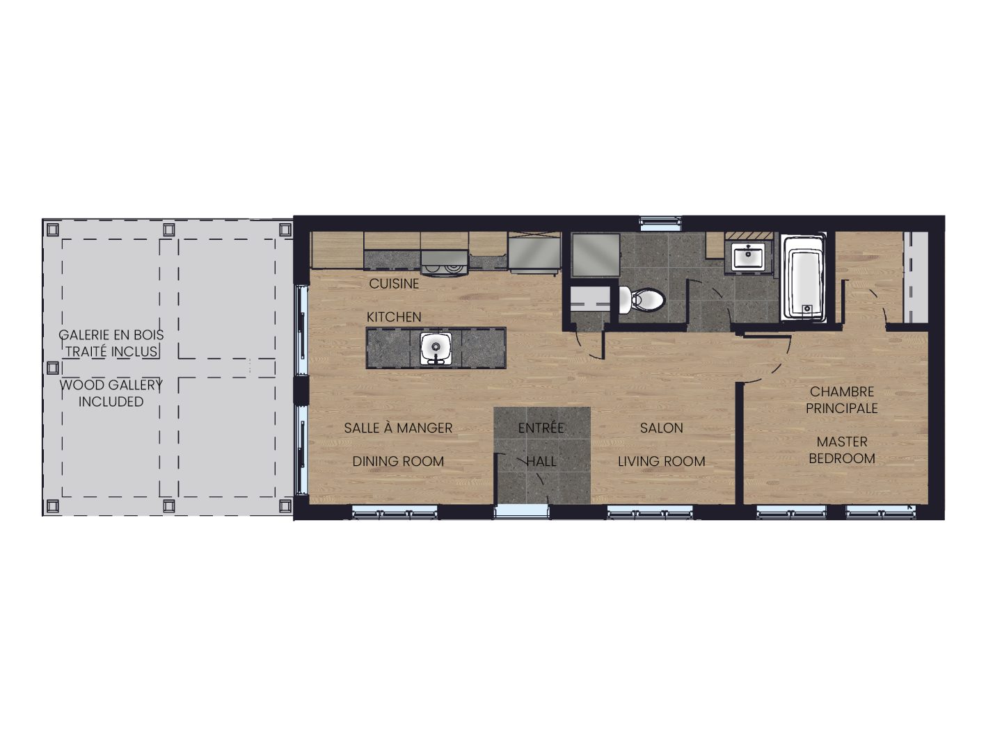 Le modèle Castana est un plain-pied micro habitation de style contemporain. Vue du plan 2D.