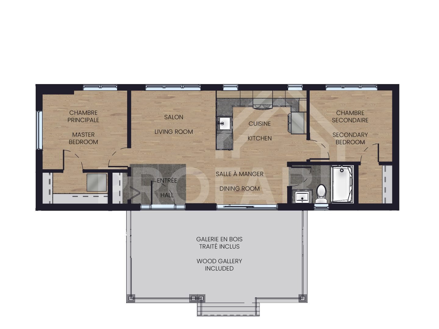 Le modèle Kercia est un plain-pied micro habitation de style contemporain. Vue du plan 2D.