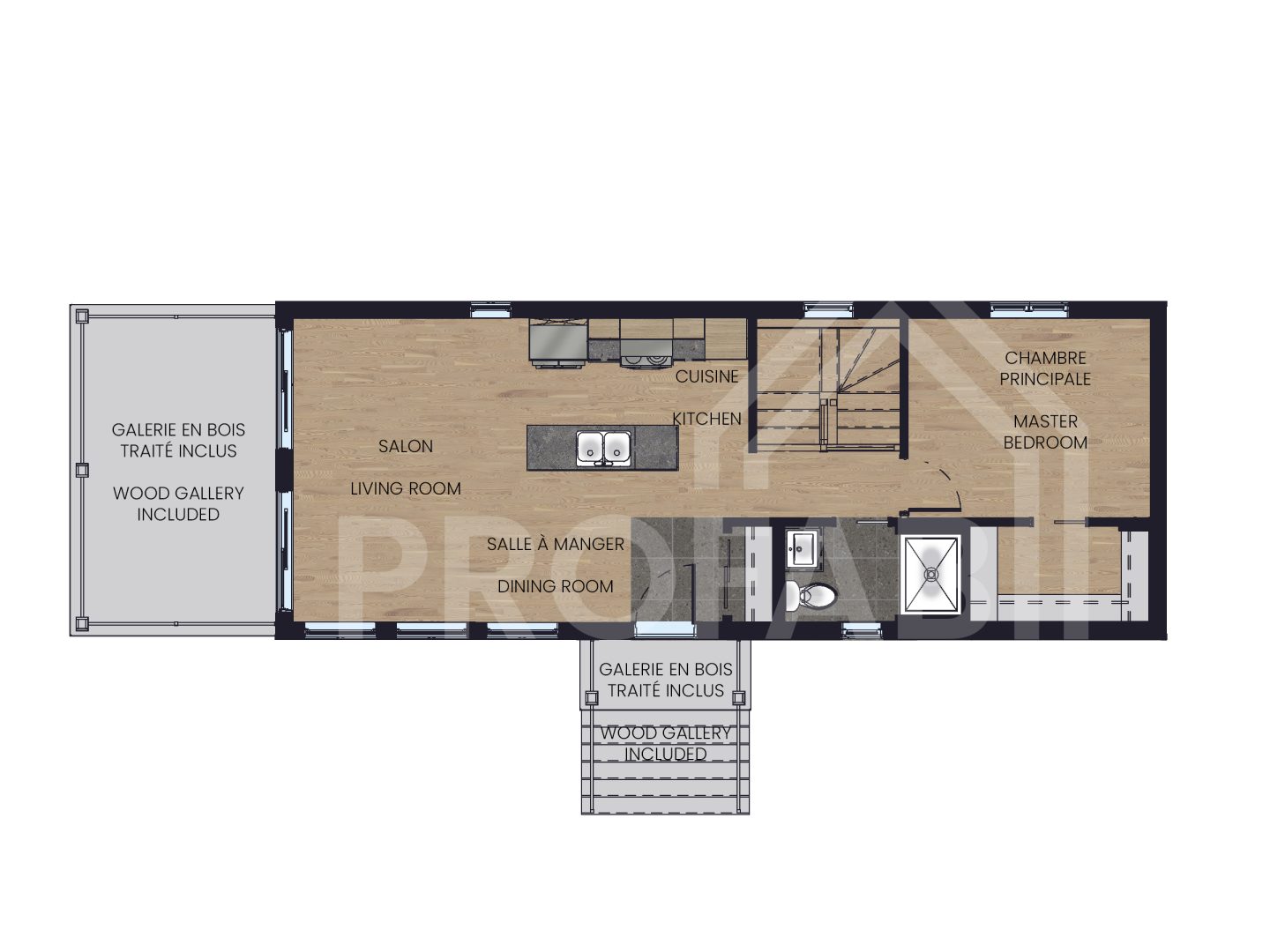 Le modèle Nashi est un plain-pied micro habitation de style contemporain. Vue du plan 2D.