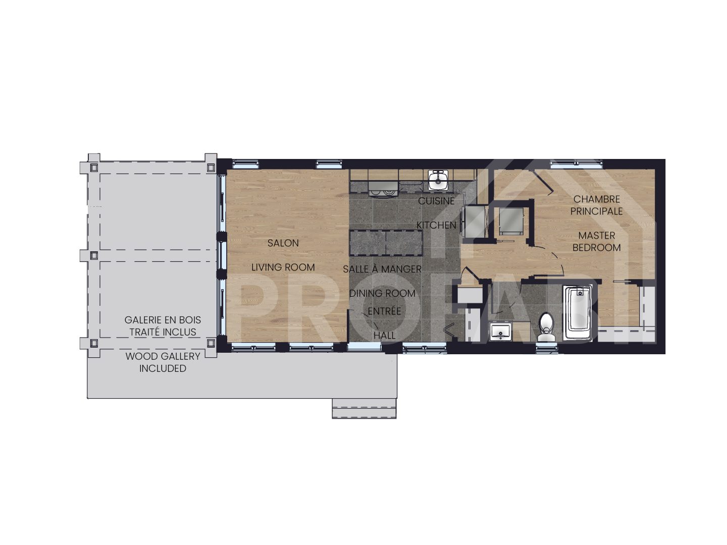 Le modèle Persea est un plain-pied micro habitation de style contemporain. Vue du plan 2D.
