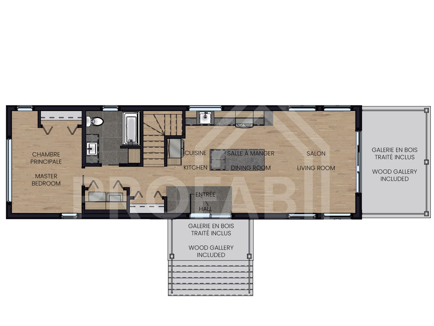 Le modèle Pigna est un plain-pied micro habitation de style contemporain. Vue du plan 2D.