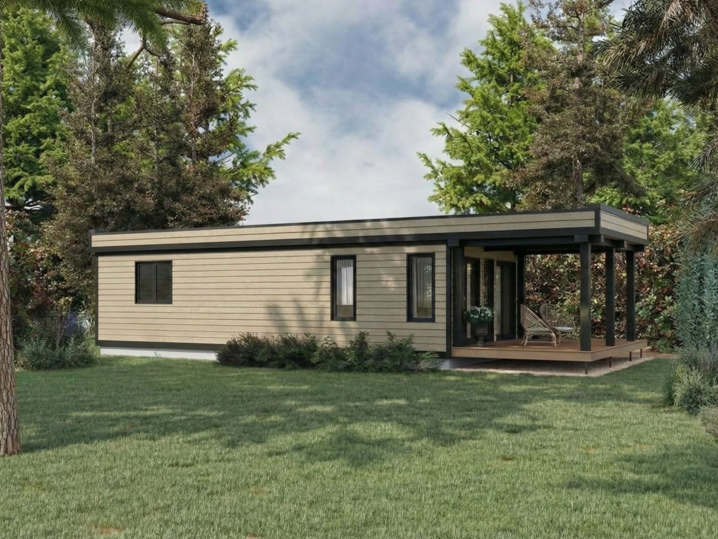 Le modèle Persea est un plain-pied micro habitation de style contemporain. Vue de l'extérieur arrière