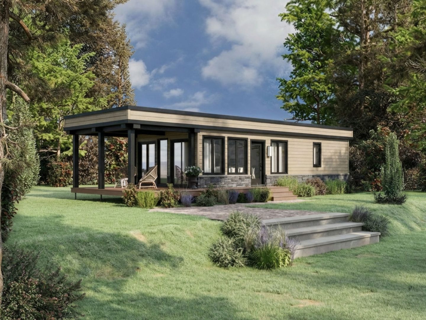 Le modèle Persea est un plain-pied micro habitation de style contemporain. Vue de l'extérieur avant.