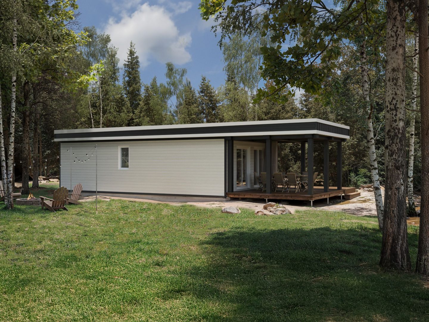 Le modèle Castana est un plain-pied micro habitation de style contemporain. Vue de l'extérieur arrière.