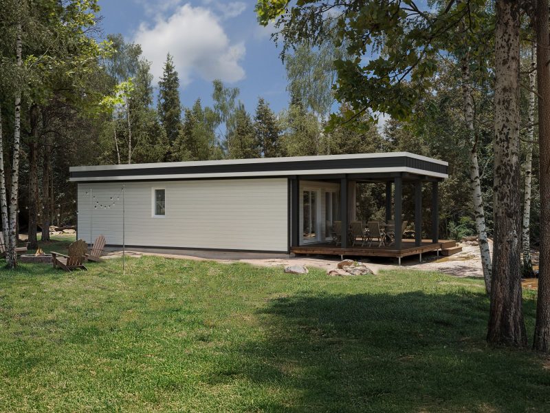 Le modèle Castana est un plain-pied micro habitation de style contemporain. Vue de l'extérieur arrière.