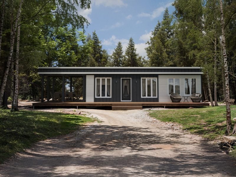 Le modèle Castana est un plain-pied micro habitation de style contemporain. Vue de l'extérieur avant.