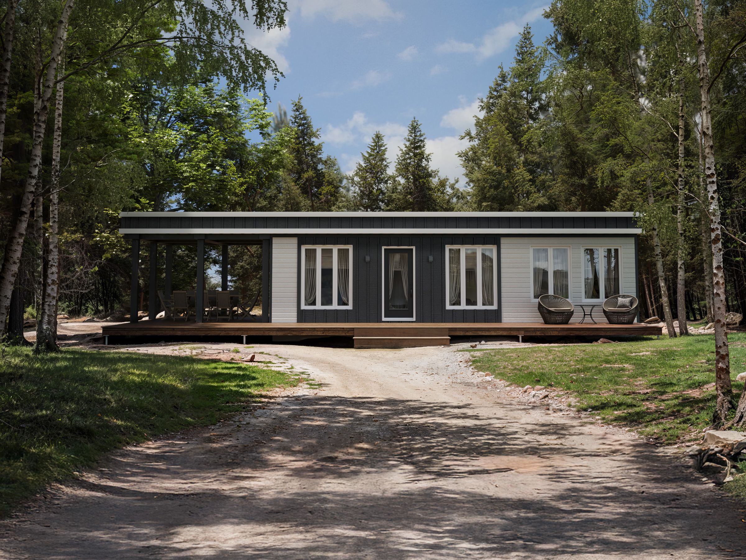 Le modèle Castana est un plain-pied micro habitation de style contemporain. Vue de l'extérieur avant.