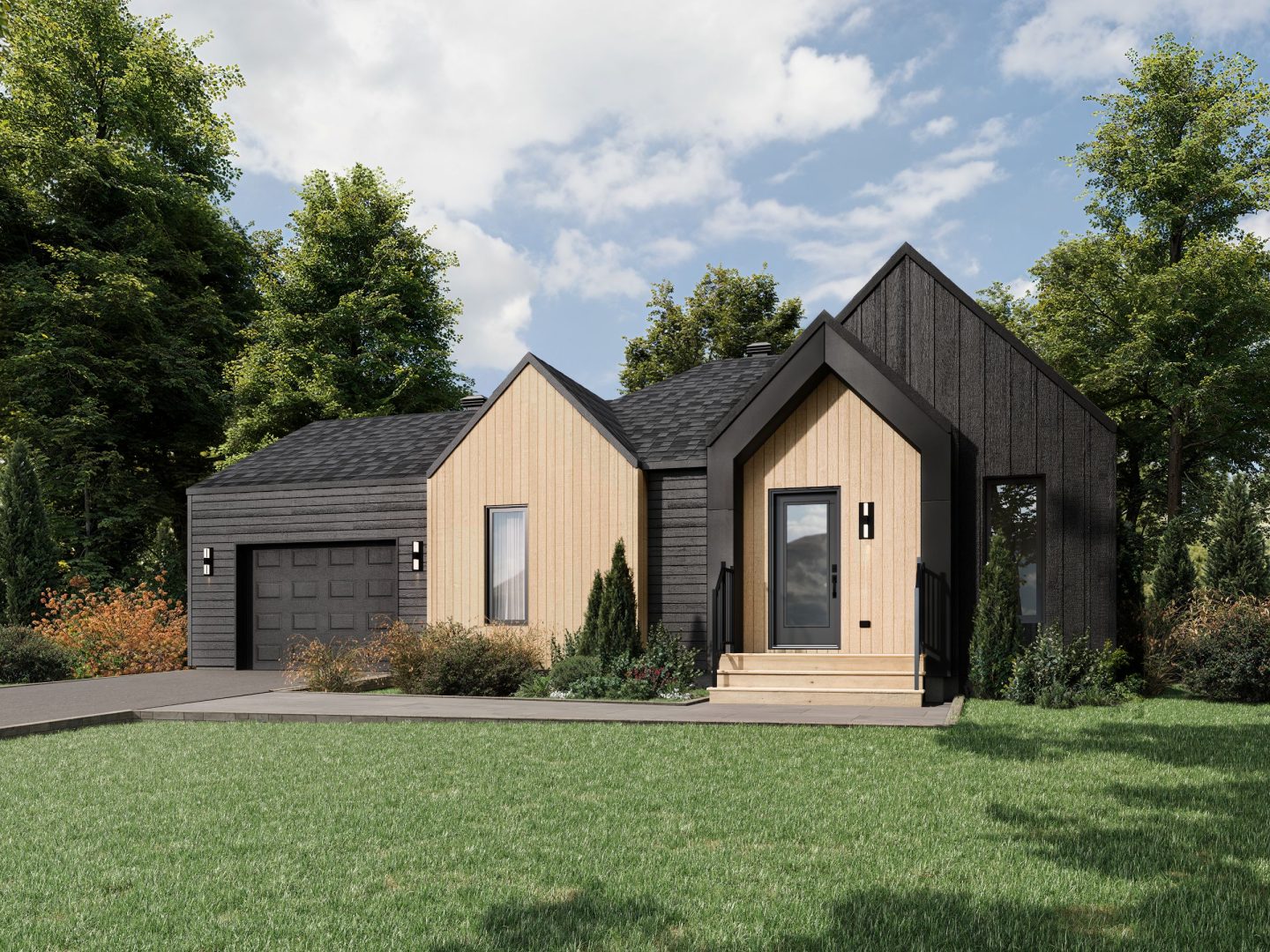 Le modèle Hella est un plain-pied de style Scandinave. Vue de l'extérieur.