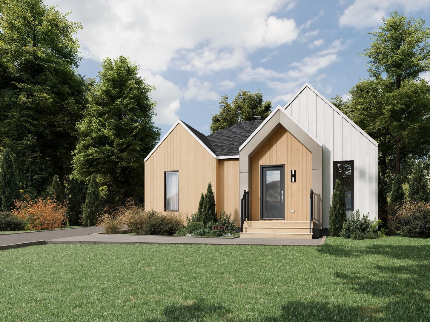 Le modèle Hella est un plain-pied de style Scandinave. Vue de l'extérieur.