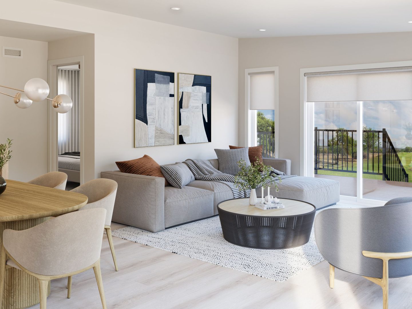 Le modèle Hella est un plain-pied de style Scandinave. Vue du salon.