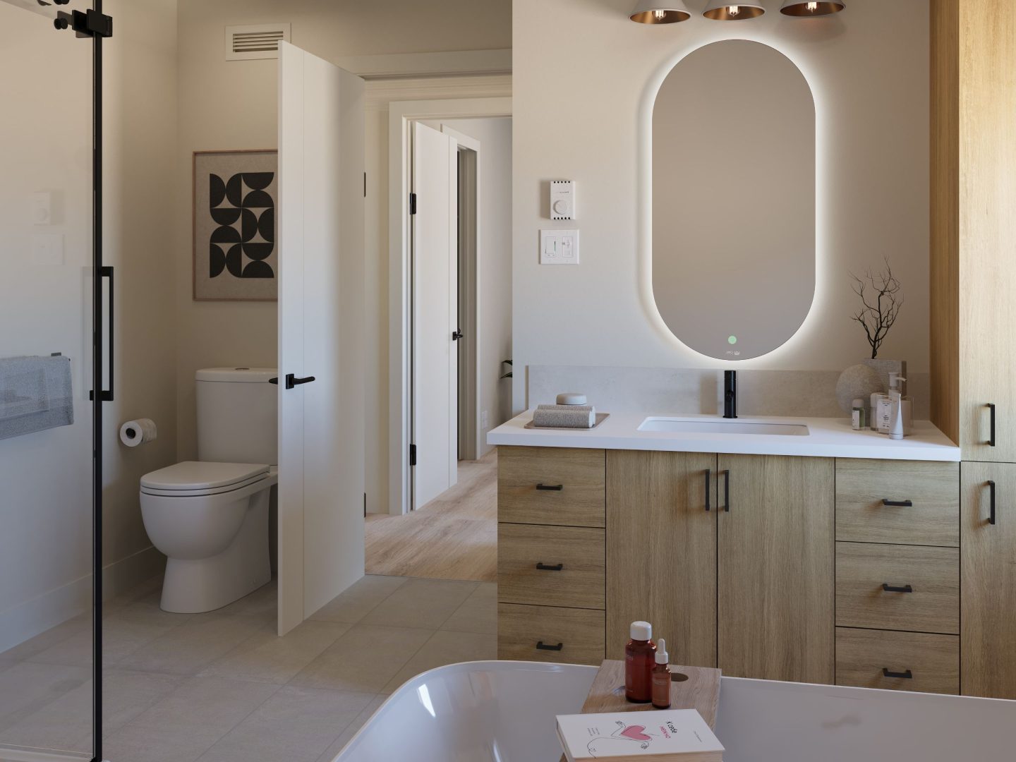 Le modèle Hella est un plain-pied de style Scandinave. Vue de la salle de bain.