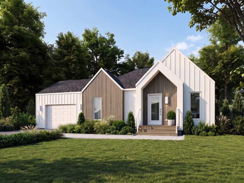 Le modèle Hella est un plain-pied de style Scandinave. Vue de l'extérieur.