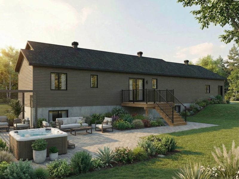 Modèle Alberton est une maison plain-pied de style contemporain. Vue de l'extérieur arriere.