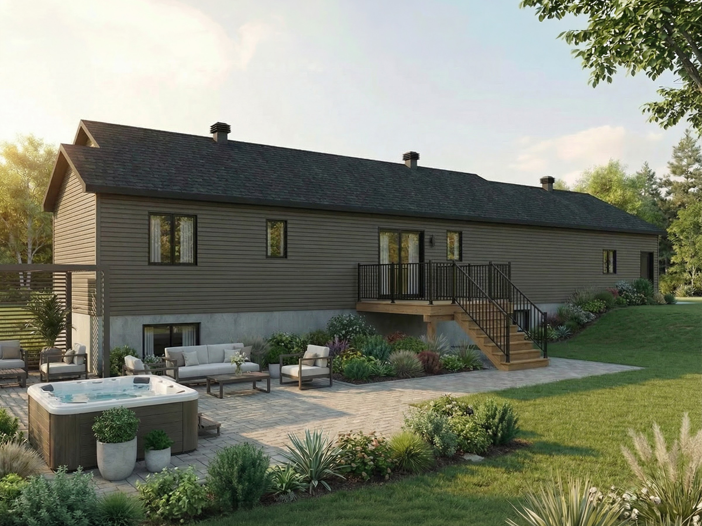 Modèle Alberton est une maison plain-pied de style contemporain. Vue de l'extérieur arriere.