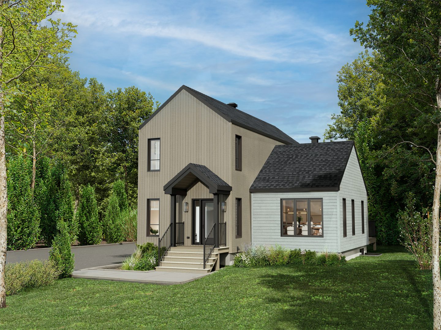 Le modèle Boras est une maison de deux étages de style scandinave. Vue de l'extérieur avant.