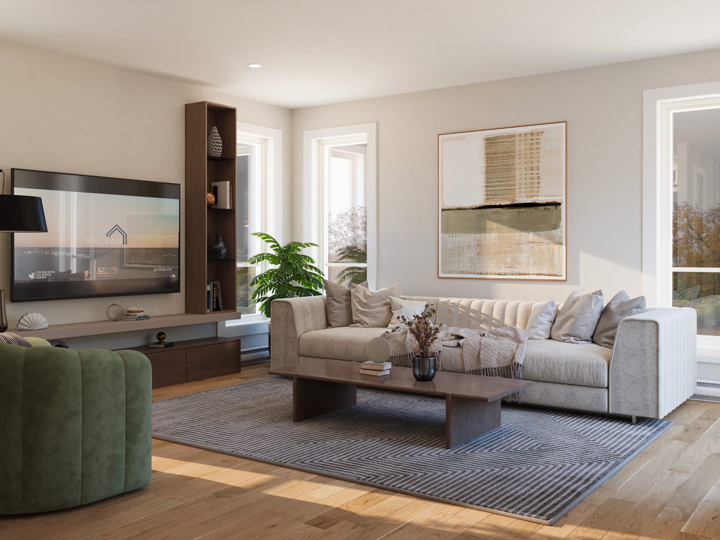 Le modèle Boras est une maison de deux étages de style scandinave. Vue du salon.