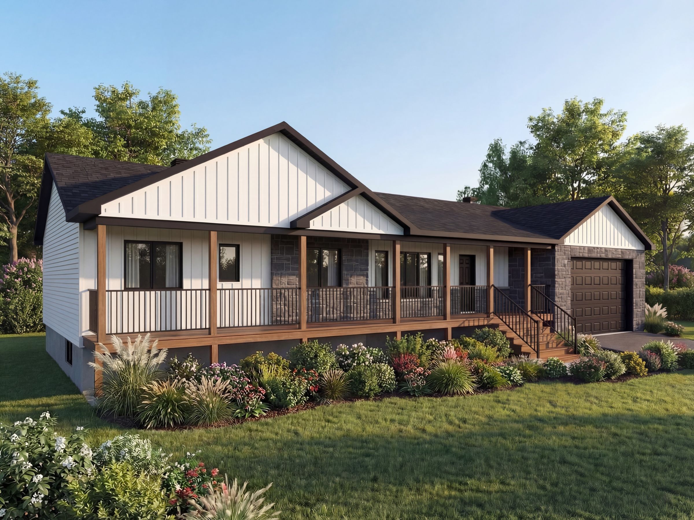 Modèle Chatham est une maison plain-pied de style classique Farmhouse. Vue de l'extérieur.