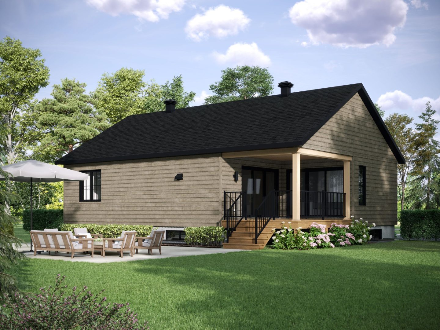 Le modèle Lakefield est une maison de plain-pied de style contemporain. Vue de l'extérieur arrière.