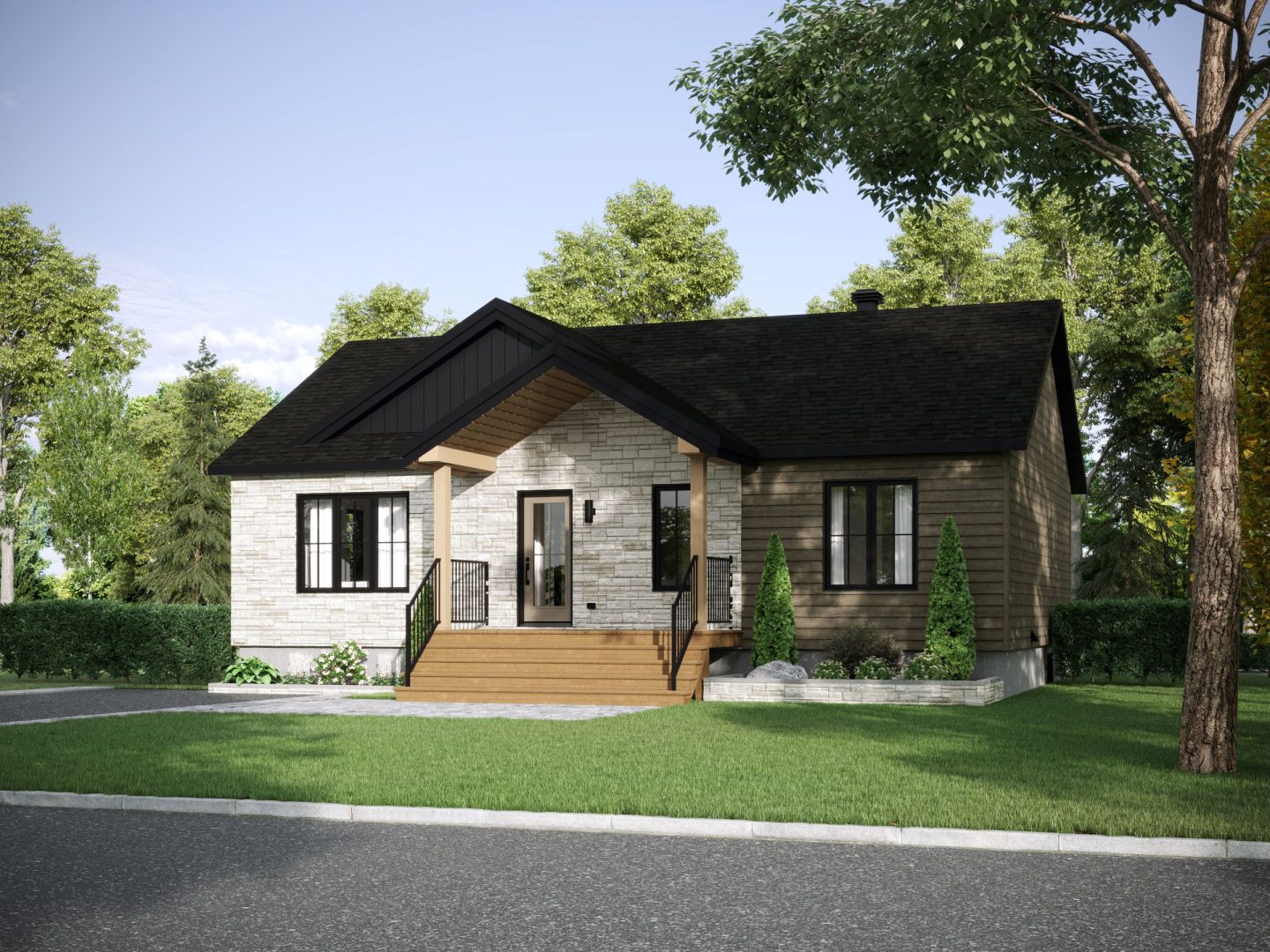 Le modèle Lakefield est une maison de plain-pied de style contemporain. Vue de l'extérieur avant.