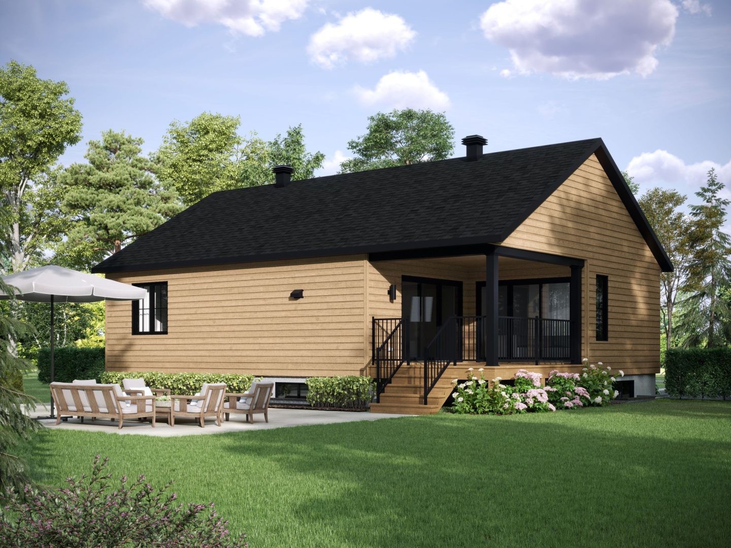 Le modèle Lakefield est une maison de plain-pied de style contemporain. Vue de l'extérieur arrière.