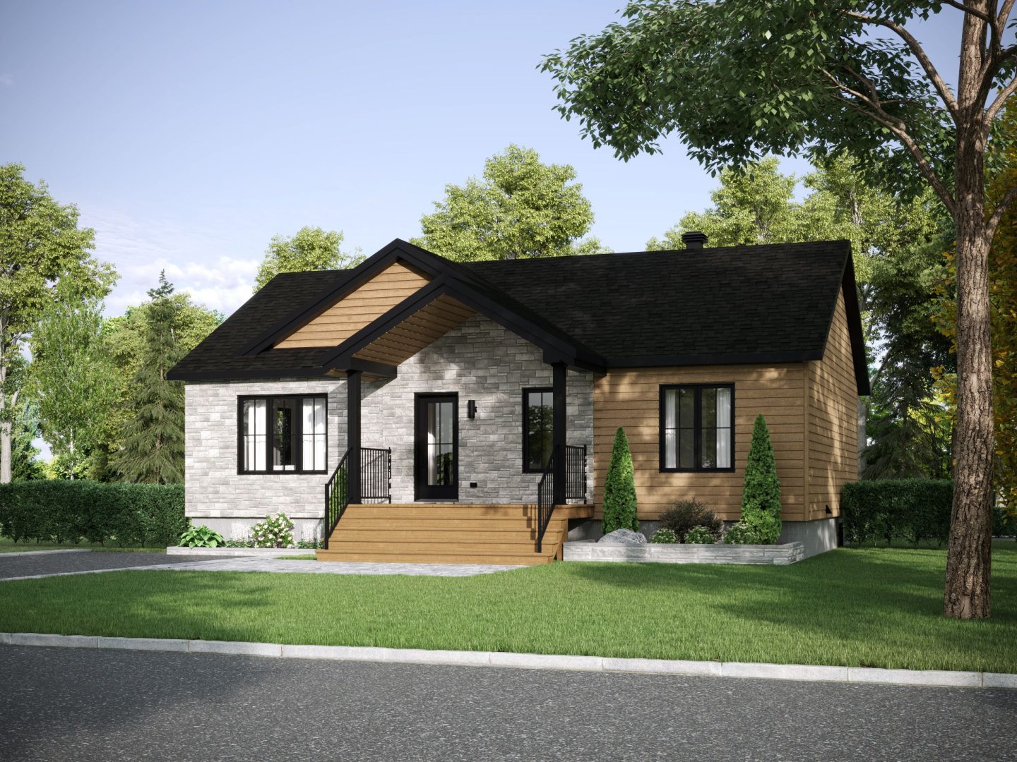 Le modèle Lakefield est une maison de plain-pied de style contemporain. Vue de l'extérieur avant.