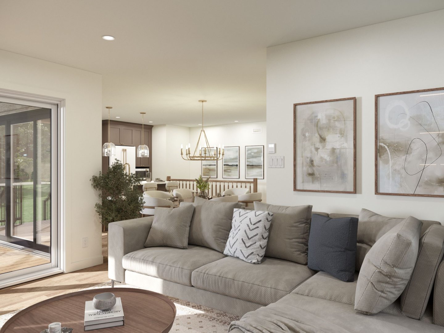 Le modèle Lakefield est une maison de plain-pied de style contemporain. Vue du salon.