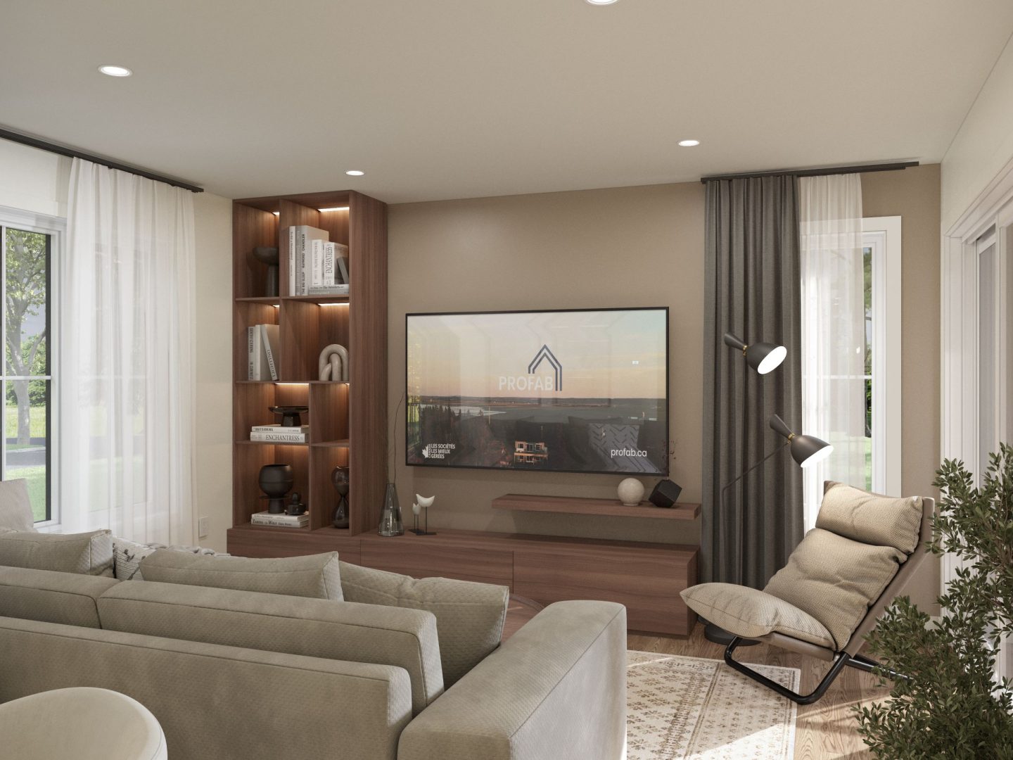 Le modèle Lakefield est une maison de plain-pied de style contemporain. Vue du salon.