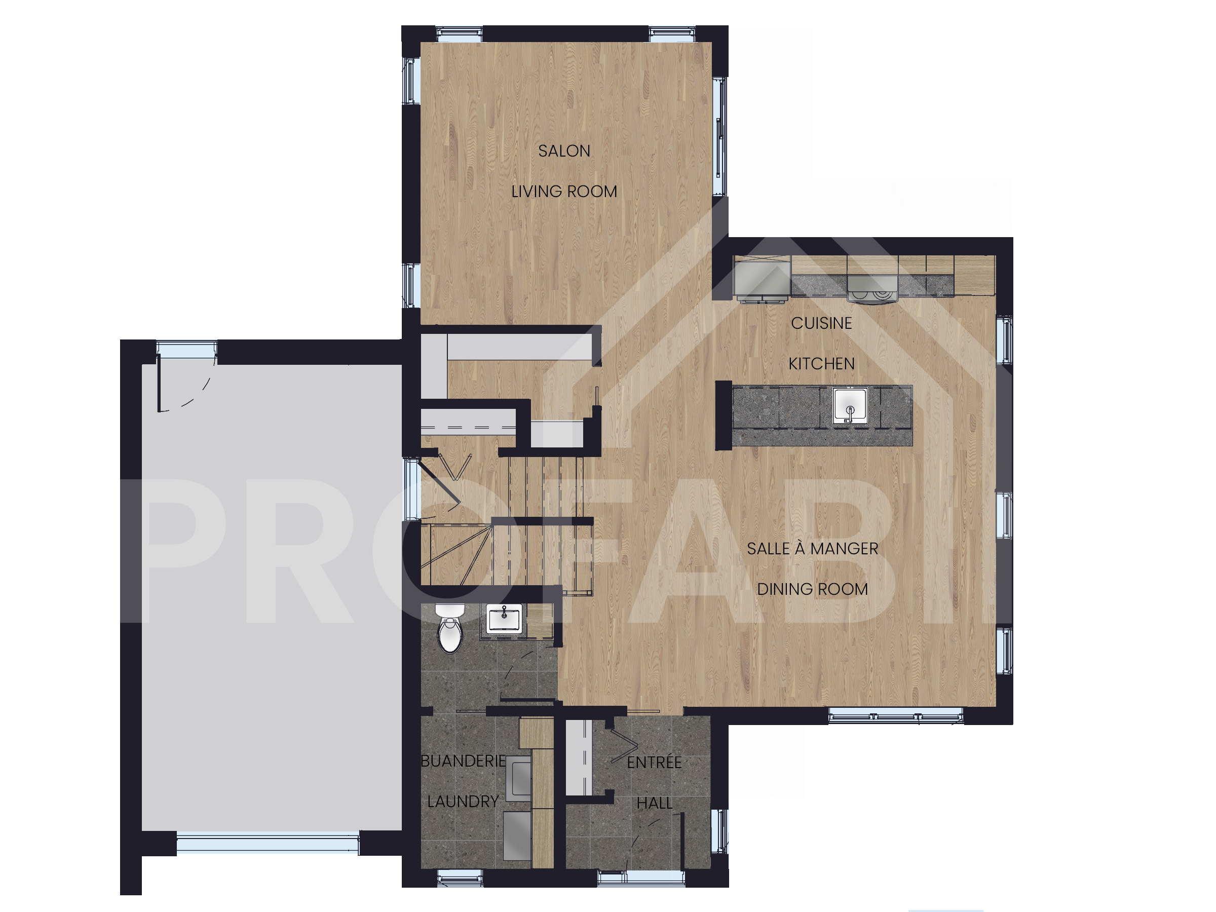 Le modèle Boras est une maison de deux étages de style scandinave. Vue du plan 2D.