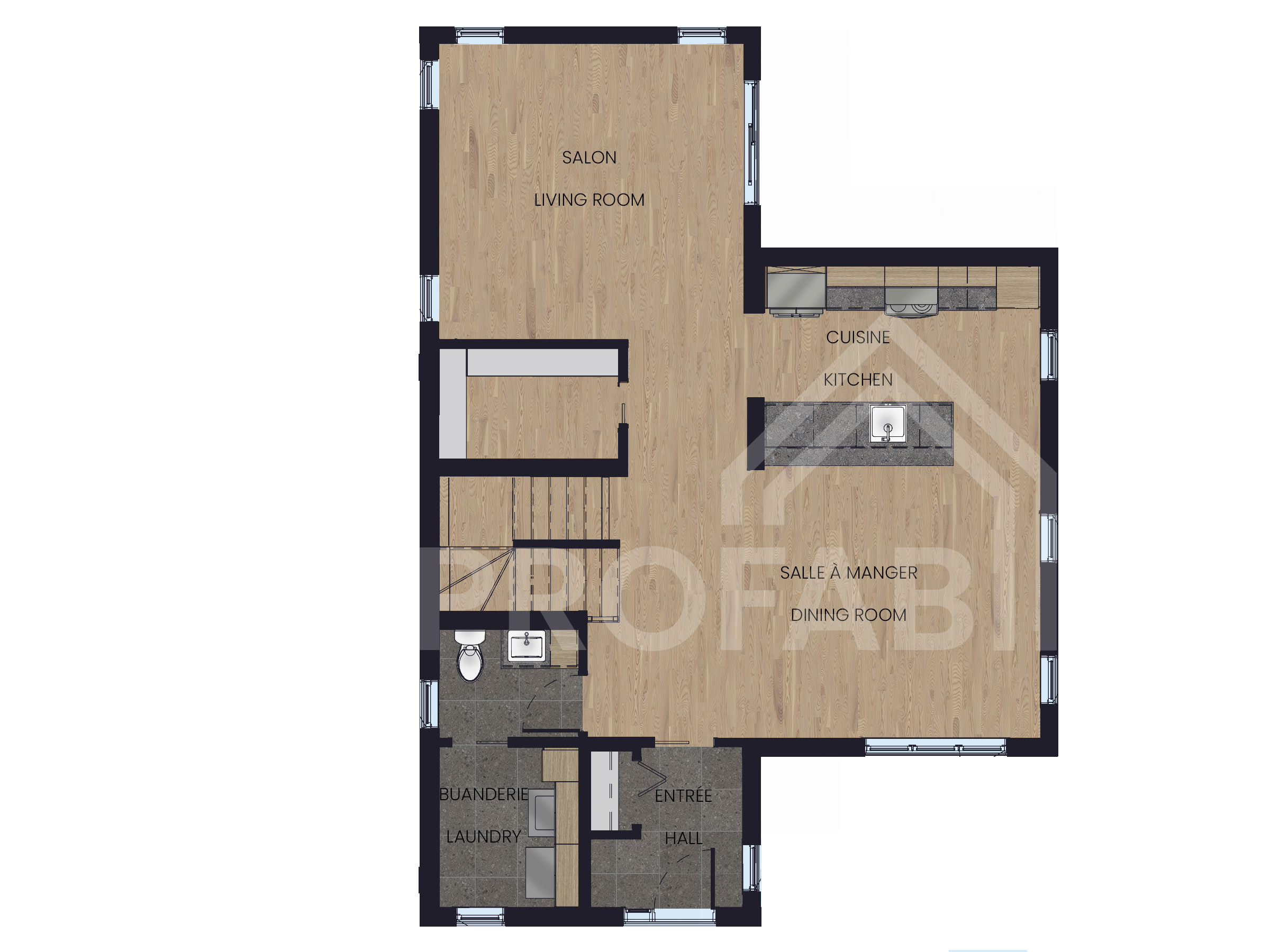 Le modèle Boras est une maison de deux étages de style scandinave. Vue du plan 2D.