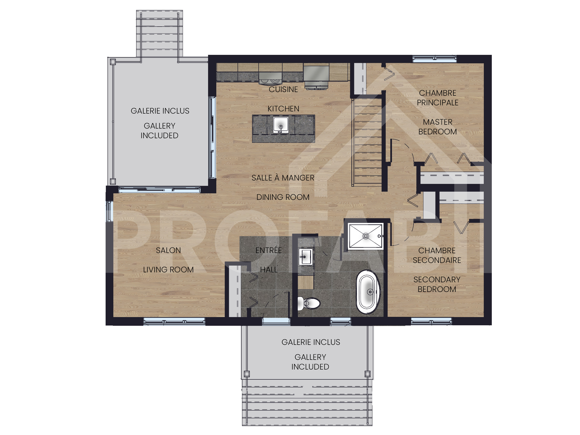 Le modèle Lakefield est une maison de plain-pied de style contemporain. Vue du plan 2D