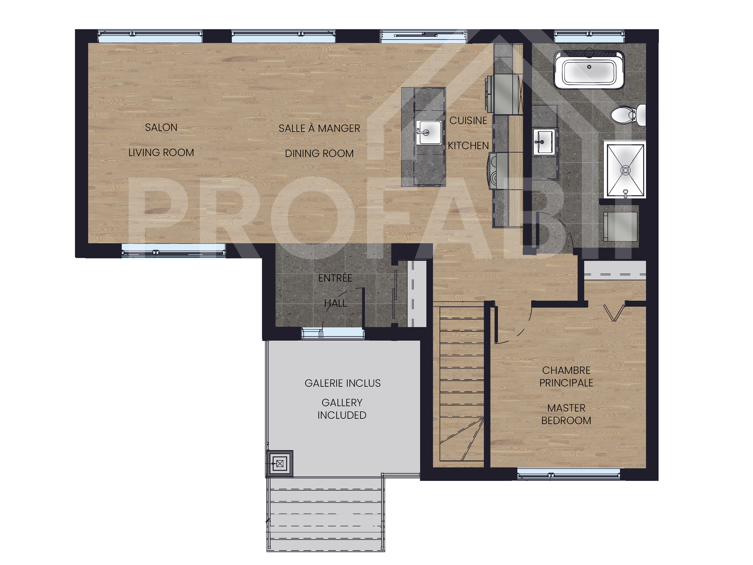 Le modèle St-Laurent est une maison de plain-pied de style Moderne contemporain. Vue du plan 2D