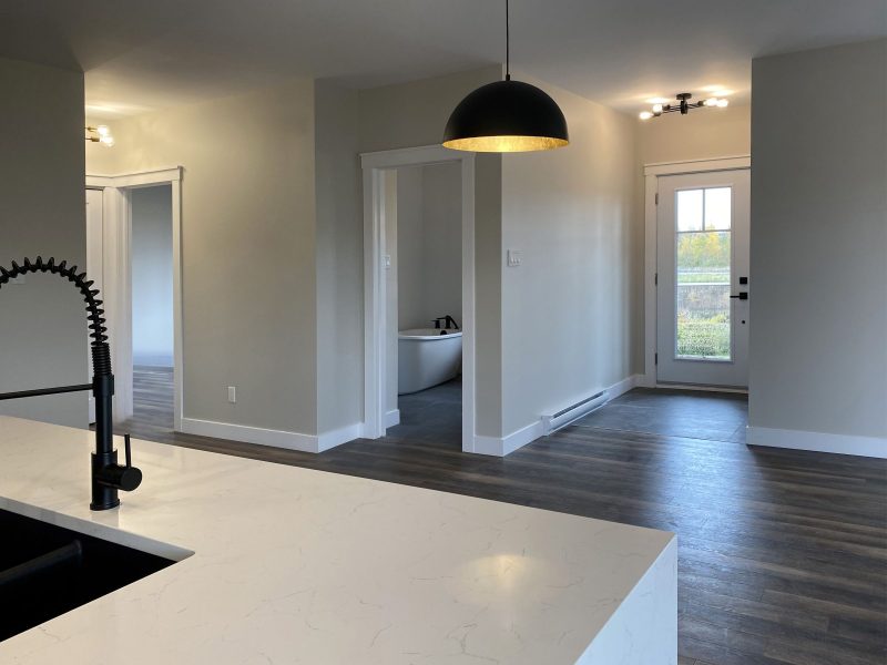 Réalisation du modèle Lakefield. Maison située a Mirabel , elle est une maison de plain-pied de style contemporain. Vue du séjour.