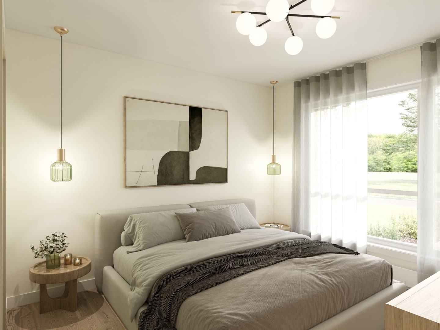 Le modèle St-Laurent est une maison de plain-pied de style Moderne contemporain. Vue de la chambre.