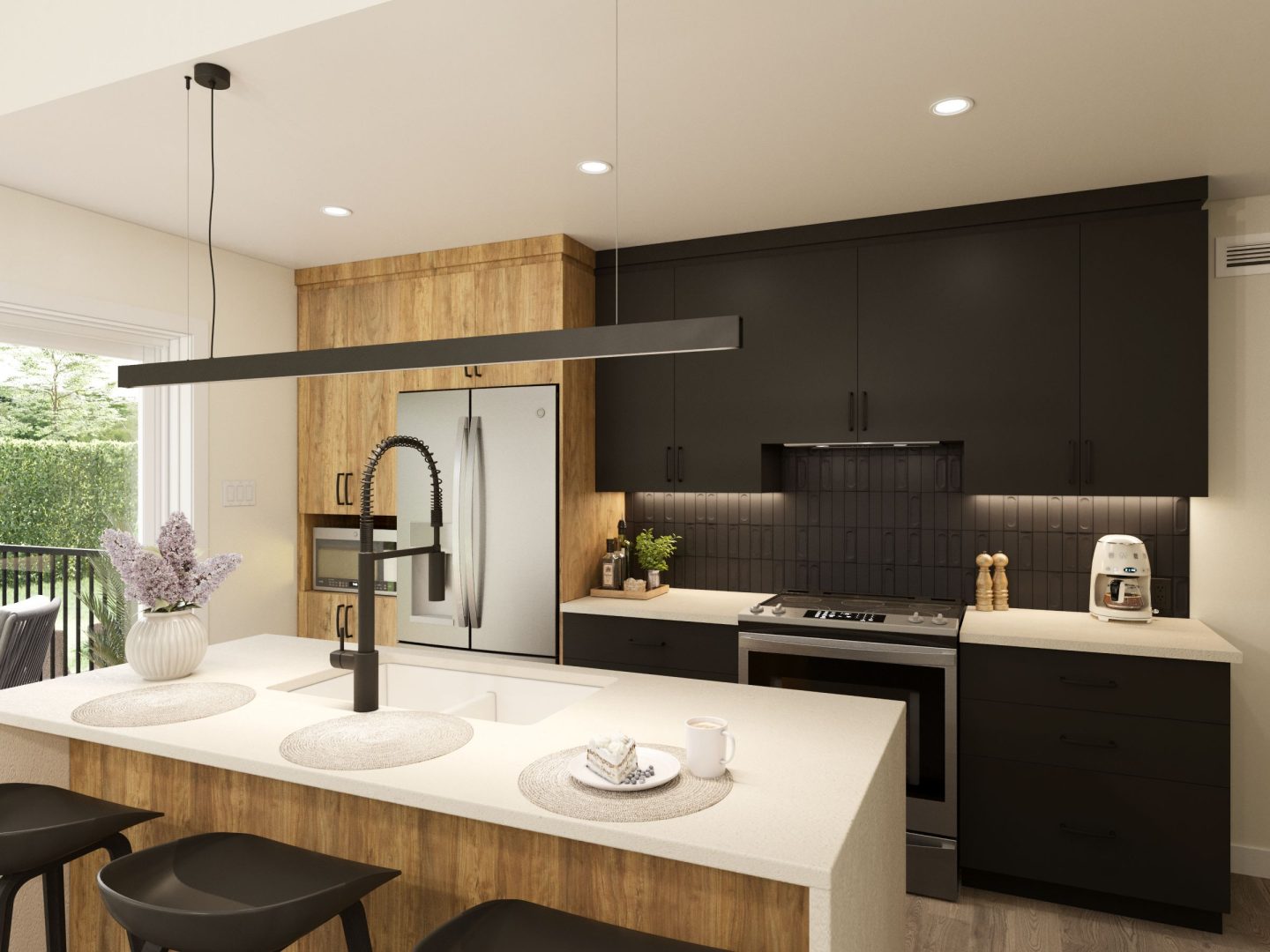 Le modèle St-Laurent est une maison de plain-pied de style Moderne contemporain. Vue de la cuisine.