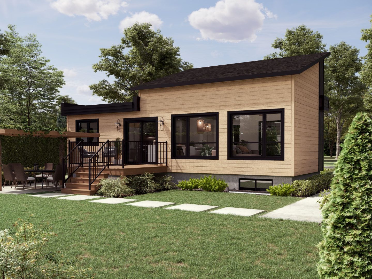 Le modèle St-Laurent est une maison de plain-pied de style Moderne contemporain. Vue de l'extérieur arrière.